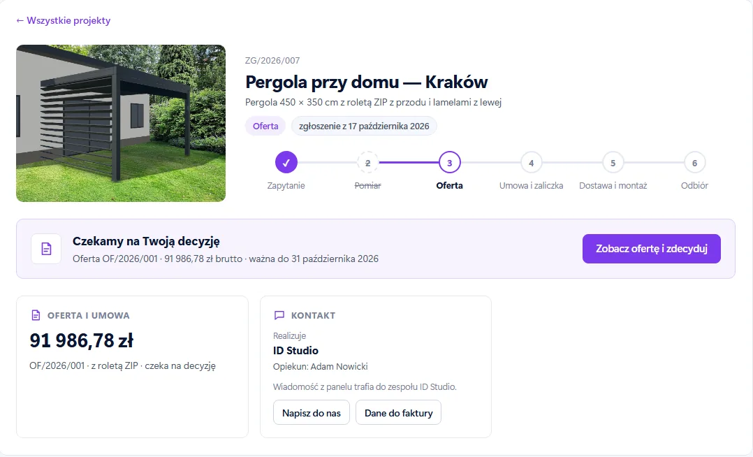Panel klienta — postęp zlecenia i decyzja o ofercie