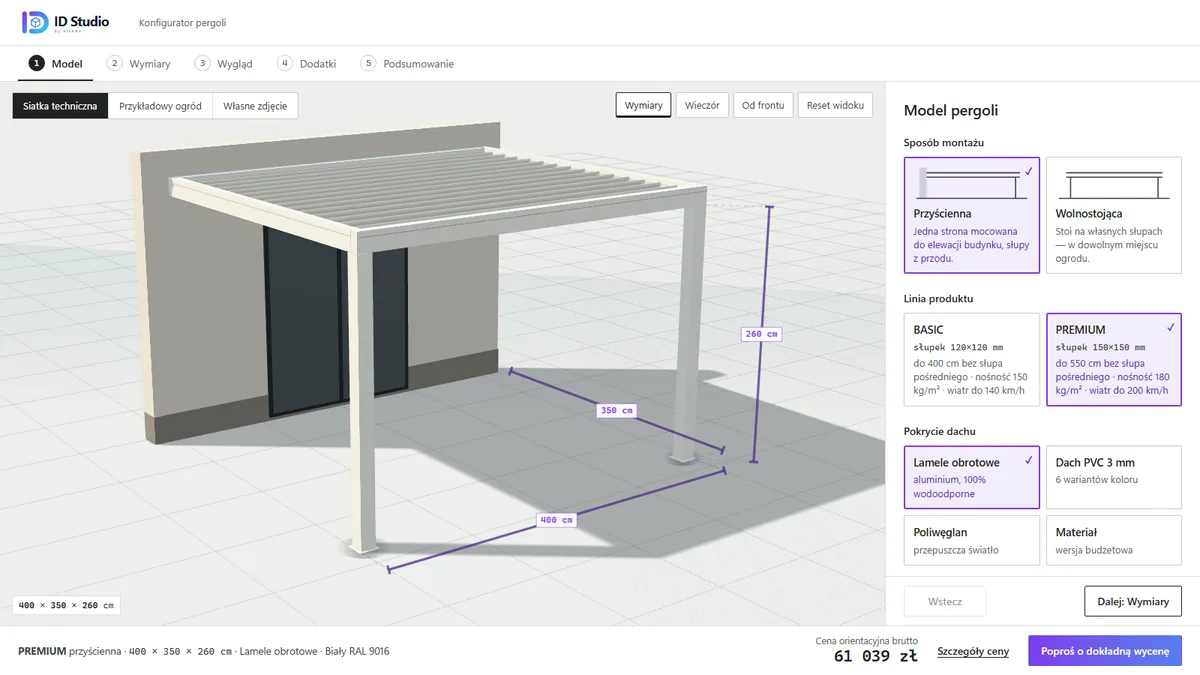 Konfigurator pergoli 3D — wybór modelu i wymiary