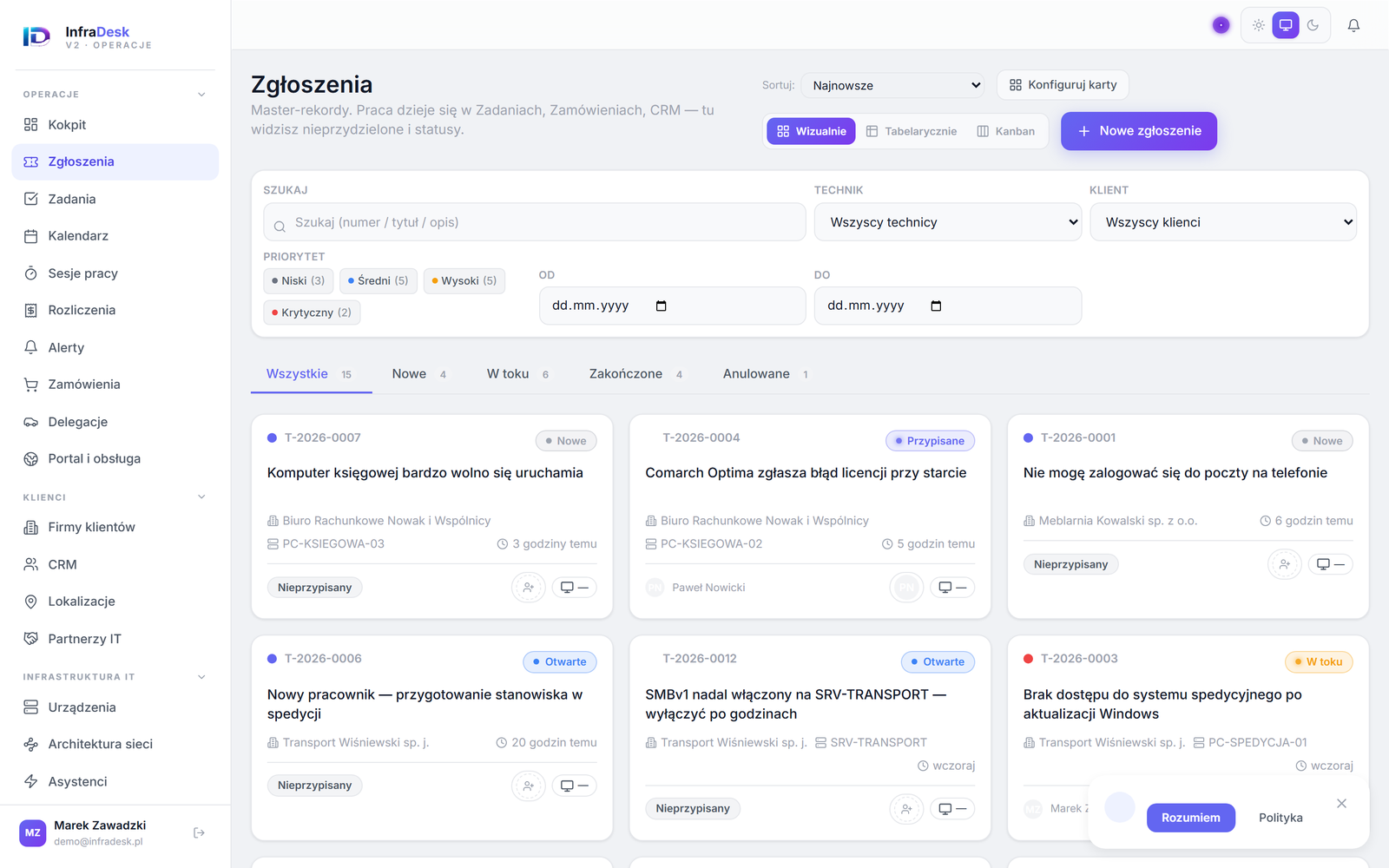Lista zgłoszeń w InfraDesku: priorytety, klient, urządzenie i przypisany technik